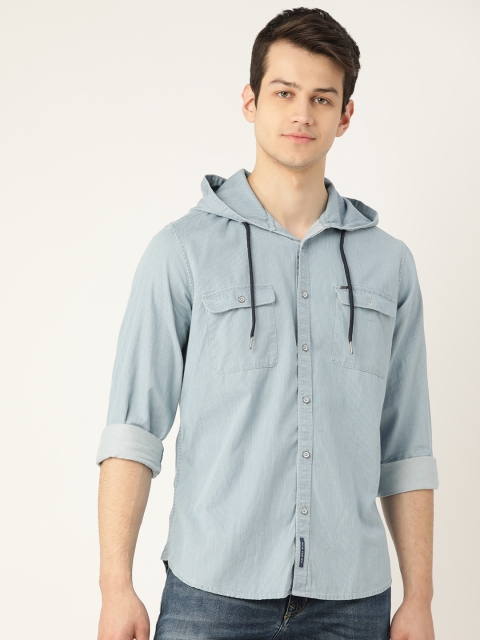 

Lee Cooper Men Blue & White Regular Fit Pure Cotton Hooded Striped Casual Shirt