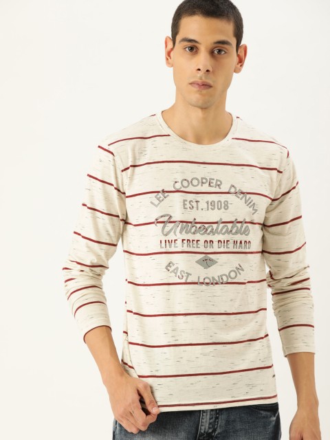 

Lee Cooper Men Off-White & Maroon Striped Round Neck T-shirt with Print
