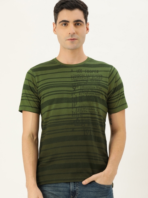 

Lee Cooper Men Olive Green Striped Round Neck Pure Cotton T-shirt with Print