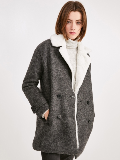 

promod Women Charcoal Grey Solid Double-Breasted Over Coat