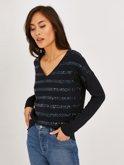 

promod Women Navy Blue Striped Sequinned Sweater