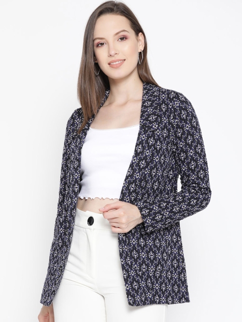 

promod Women Navy Blue & Off-White Self-Design Open-Front Casual Blazer