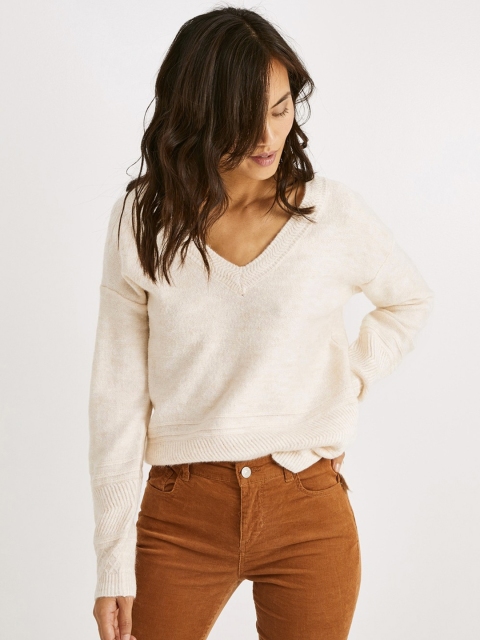 

promod Women Cream-Coloured Solid Pullover Sweater