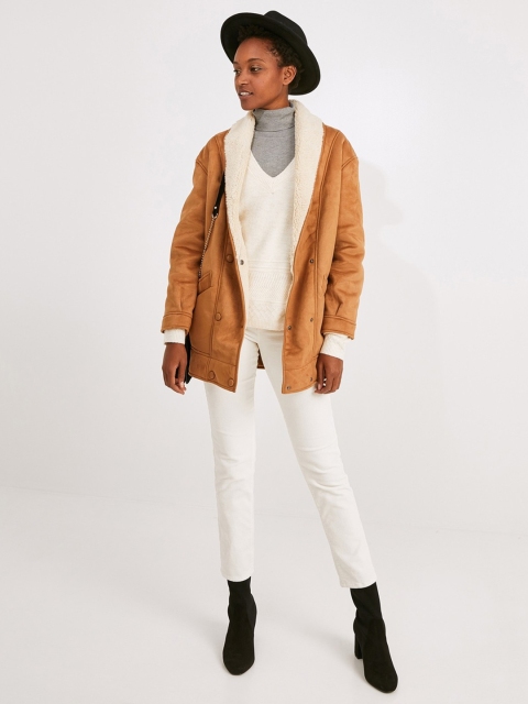 

promod Women Brown Solid Single-Breasted Over Coat