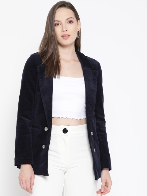 

promod Women Navy Blue Solid Corduroy Casual Blazer