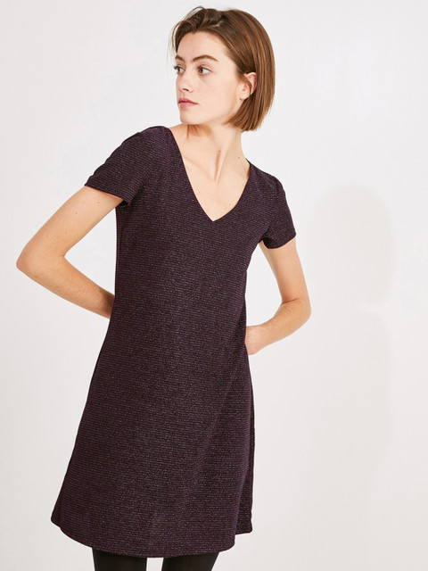 

promod Women Black & Maroon Self-Striped A-Line Dress
