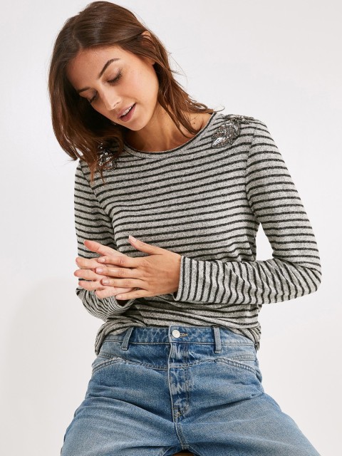 

promod Women Grey & Black Striped Sweater
