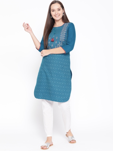 

Rangriti Women Blue Printed Straight Winter Kurta