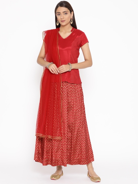 

Rangriti Women Red & Golden Solid Top with Skirt & Dupatta