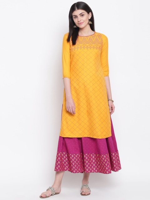 

Rangriti Women Yellow & Magenta Checked Straight Winter Kurta