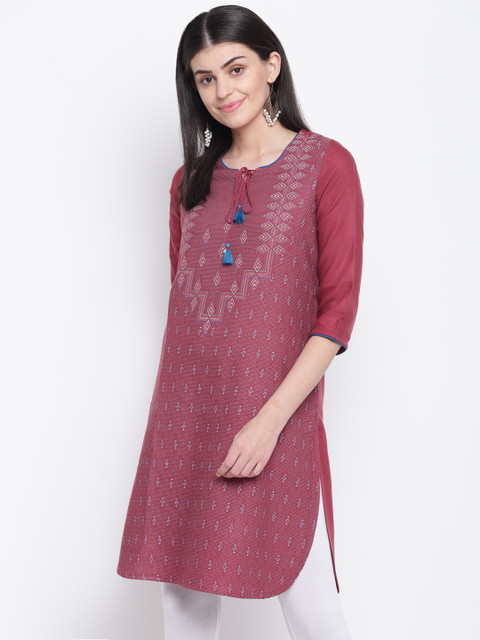 

Rangriti Women Pink & Blue Ethnic Motifs Print Winter Straight Kurta