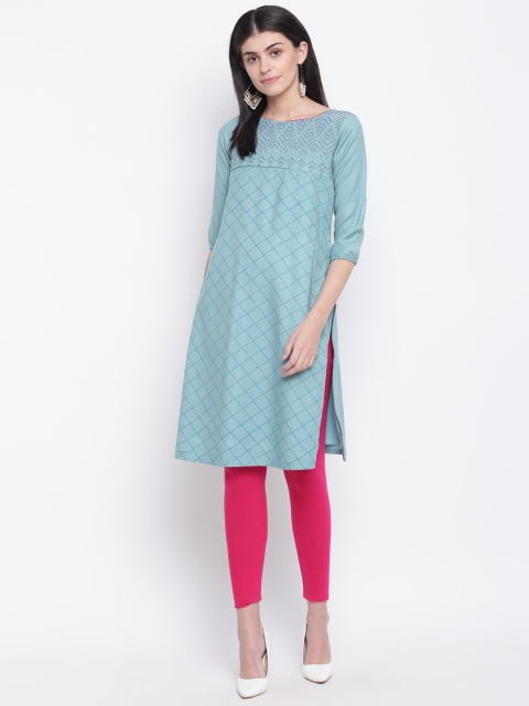 

Rangriti Women Turquoise Blue & Pink Checked Straight Winter Kurta