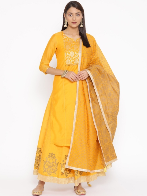 

Rangriti Women Mustard Yellow & Golden Yoke Design Kurta with Skirt & Dupatta