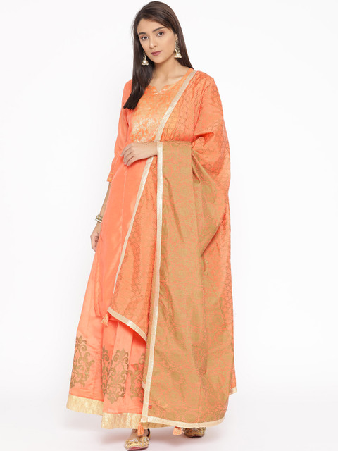 

Rangriti Women Peach-Coloured & Golden Yoke Design Kurta with Skirt & Dupatta