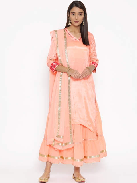 

Rangriti Women Peach-Coloured Solid Kurta with Skirt & Dupatta