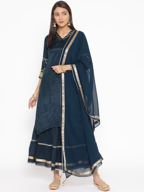 

Rangriti Women Navy Blue Solid Kurta with Skirt & Dupatta
