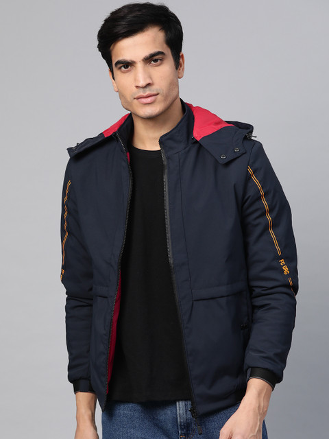 

Fort Collins Men Navy Blue Solid Hooded Bomber Jacket