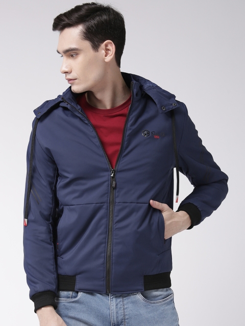 

Fort Collins Men Navy Blue Solid Bomber Jacket with Detachable Hood