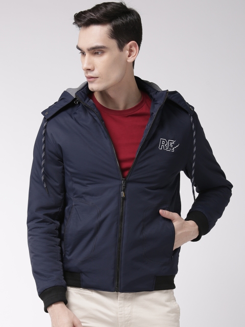 

Fort Collins Men Navy Blue Solid Bomber Jacket with Detachable Hood