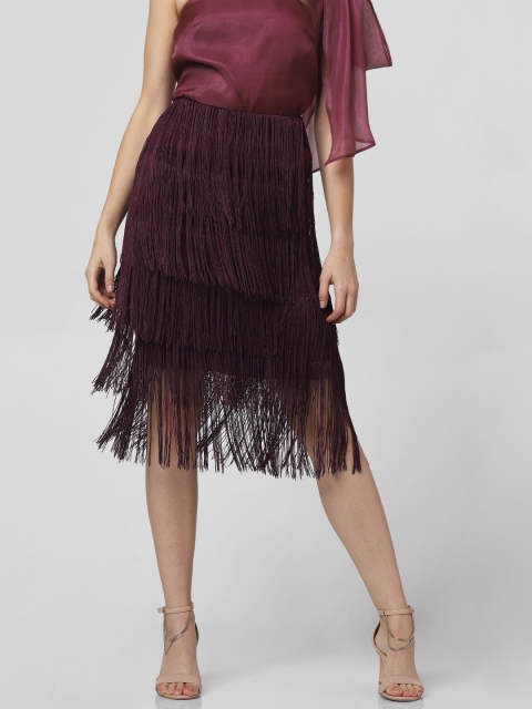 

Vero Moda Women Burgundy Solid Fringed A-line Skirt