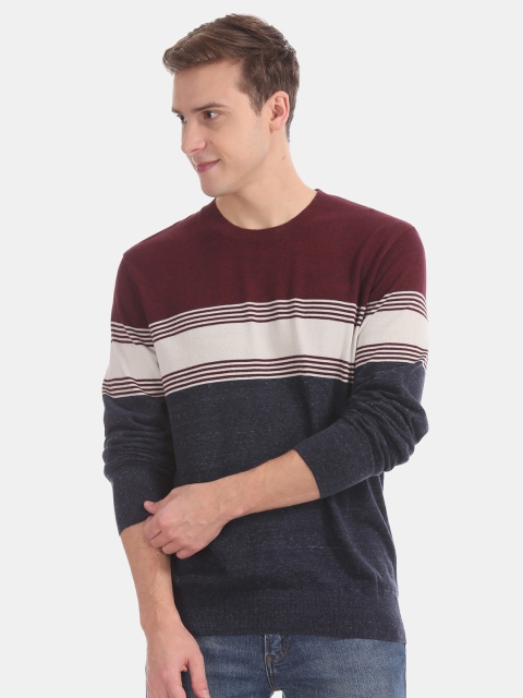 

GAP Men Maroon & Grey Striped Pullover Sweater