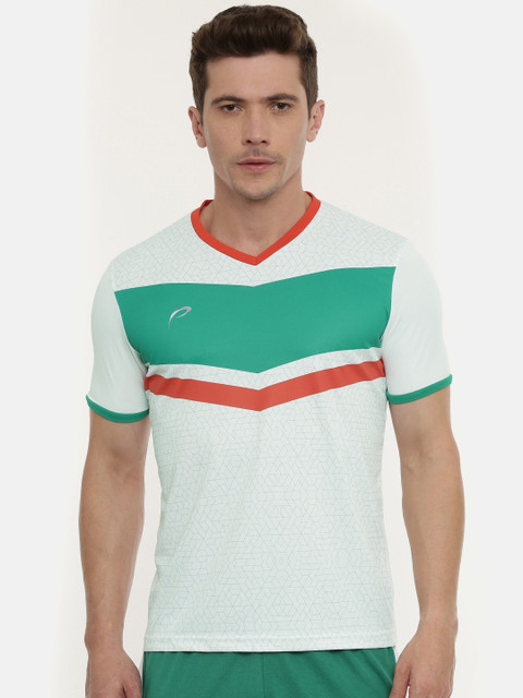 

Proline Active Men White & Green Colourblocked Pro-Dry V-Neck T-shirt