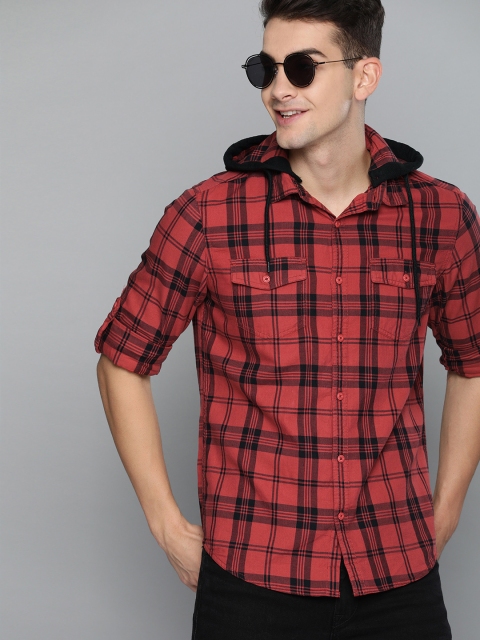 

HERE&NOW Men Rust Red & Black Slim Fit Checked Casual Hooded Shirt