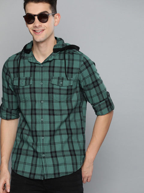 

HERE&NOW Men Teal Green & Black Slim Fit Checked Casual Hooded Shirt
