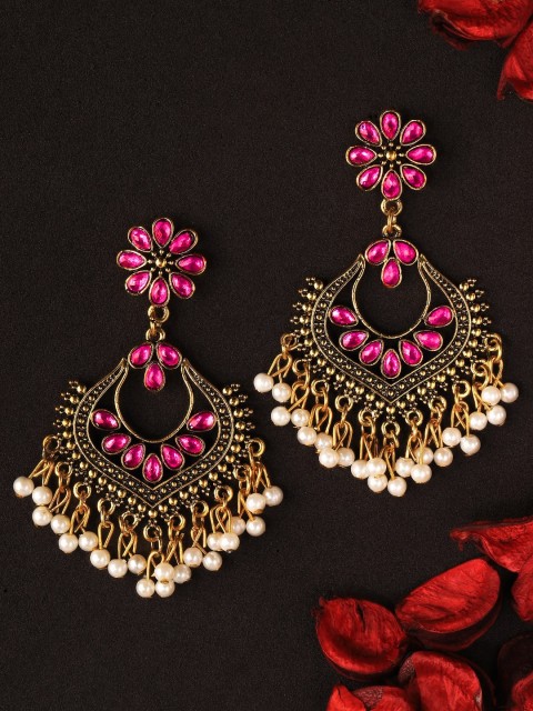 

Rubans Gold-Toned & Pink Oxidised Classic Drop Earrings