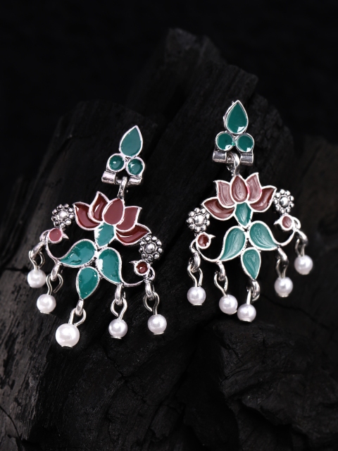 

Rubans Silver-Plated & Green Classic Drop Earrings