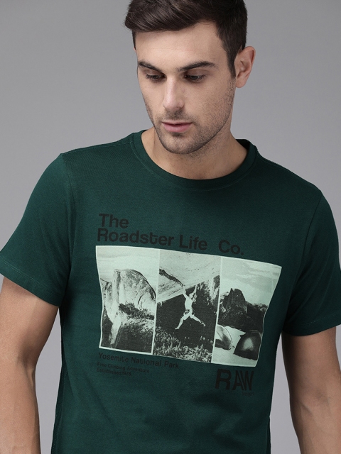 

Roadster Men Green Graphic Printed Round Neck Pure Cotton T-shirt