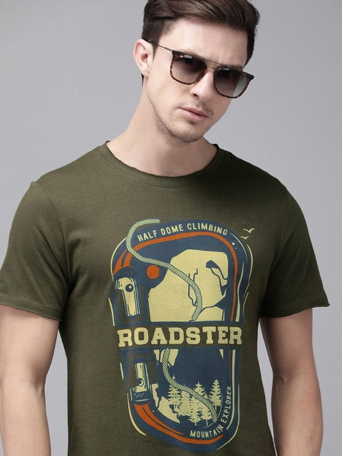 

Roadster Men Olive Green Printed Round Neck T-shirt