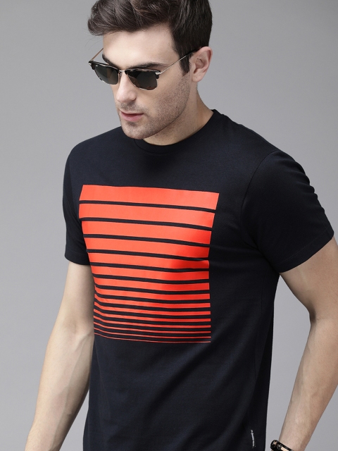 

The Roadster Lifestyle Co Men Navy Blue Orange Striped Round Neck Pure Cotton T-shirt