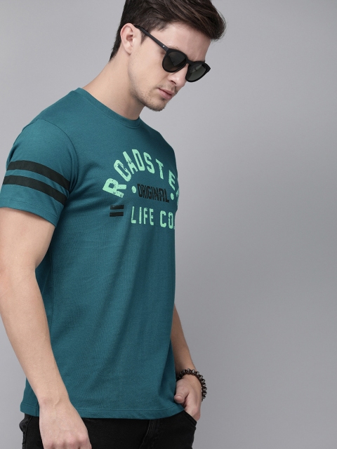

The Roadster Lifestyle Co Men Turquoise Blue Printed Round Neck Pure Cotton T-shirt
