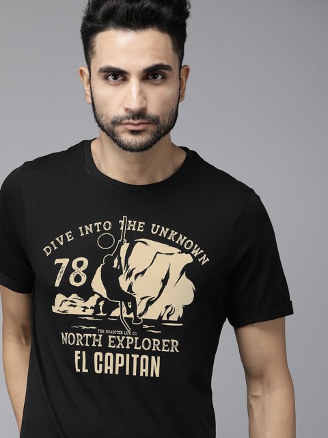 

Roadster Men Black Printed Round Neck T-shirt
