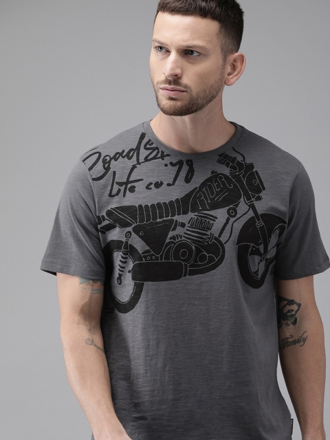 

The Roadster Lifestyle Co Men Charcoal Grey Printed Round Neck Pure Cotton T-shirt
