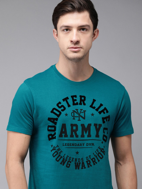 

Roadster Men Teal Blue Brand Carrier Printed Round Neck T-shirt