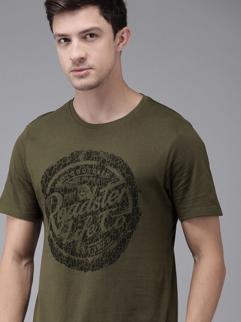 

Roadster Men Olive Green Brand Carrier Printed Round Neck T-shirt