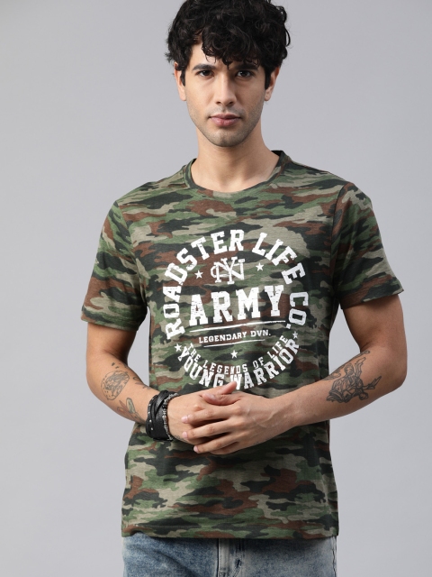 

Roadster Men Olive Green Printed Round Neck T-shirt