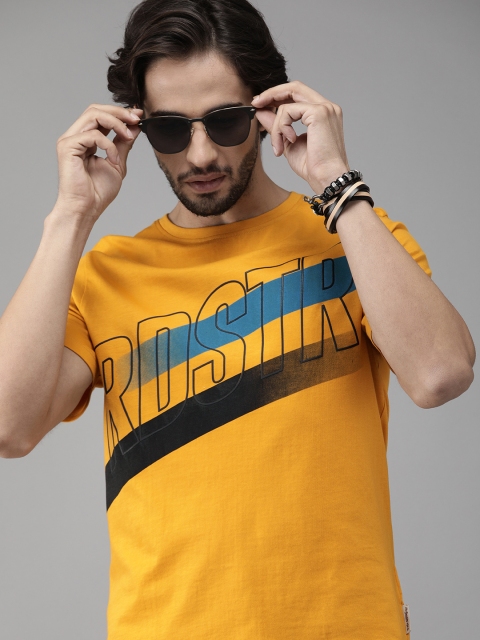 

The Roadster Lifestyle Co Men Mustard Yellow Printed Round Neck Pure Cotton T-shirt