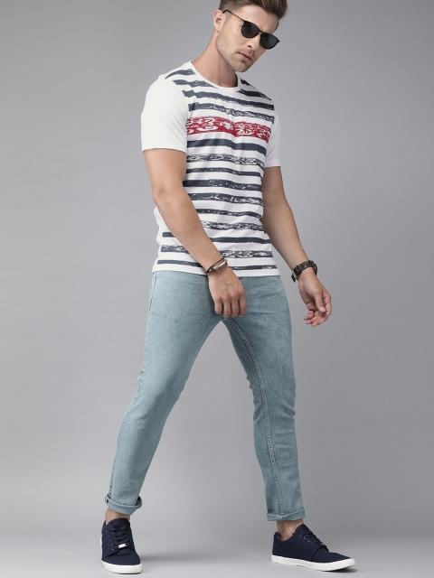 

Roadster Men White & Navy Blue Striped Round Neck T-shirt