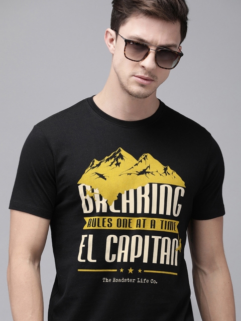 

The Roadster Lifestyle Co Men Black Yellow Printed Round Neck Pure Cotton T-shirt