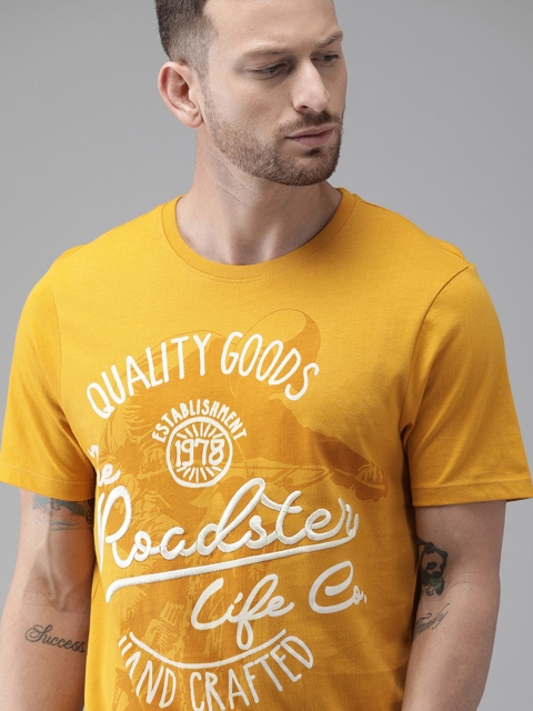 

Roadster Men Mustard Yellow Printed Round Neck T-shirt With Embroidered Detail