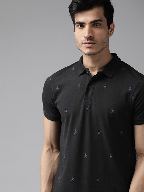 

Roadster Men Black & Blue Embroidered Polo Collar T-shirt