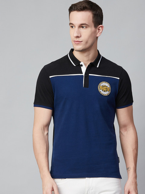

Roadster Men Navy Blue & Black Colourblocked Polo Collar T-shirt