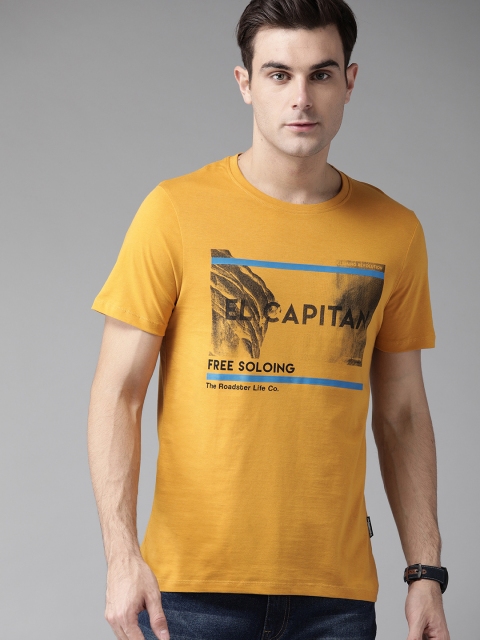 

Roadster Men Mustard Yellow & Black Printed Round Neck T-shirt