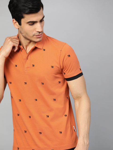

The Roadster Lifestyle Co Men Rust Orange & Black Embroidered Polo Collar T-shirt