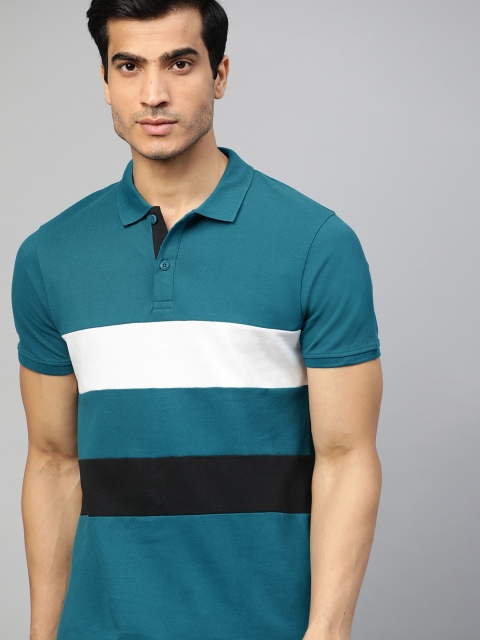 

Roadster Men Teal Blue & White Colourblocked Polo Collar T-shirt