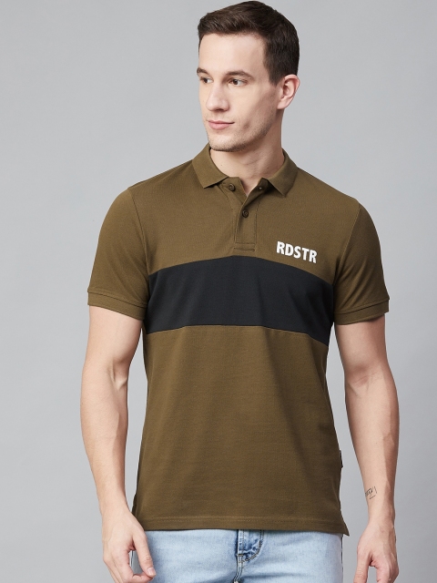 

Roadster Men Olive Green & Black Colourblocked Polo Collar T-shirt