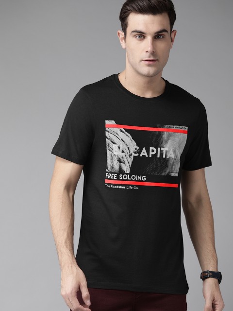 

Roadster Men Black & Grey Printed Round Neck T-shirt